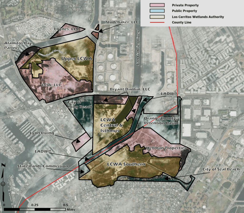 Map of Los Cerritos Wetlands broken up to show ownership of the land.